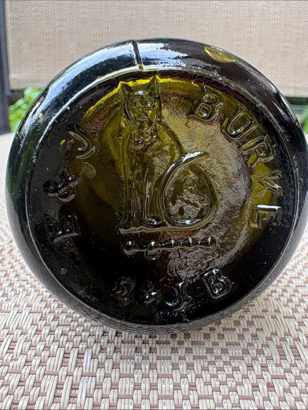 Vintage 19th Century E & J Burke Olive Green Embossed Glass Cat Vase